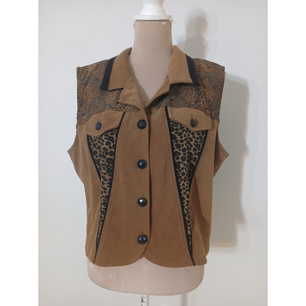 Christina Hope Womens Tan Animal Print Vest Leopard Snakeskin Button Front Sz 16